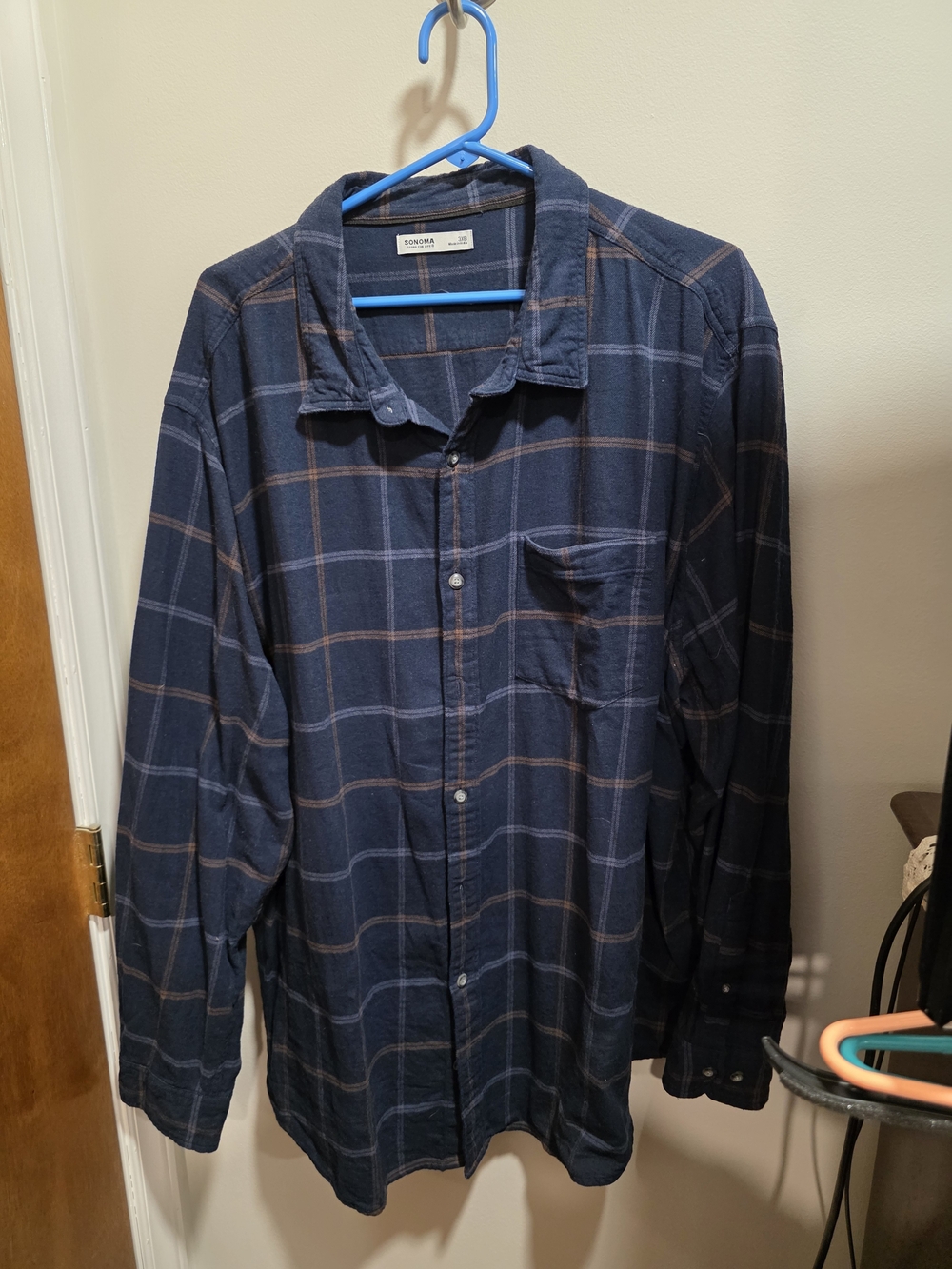 Sonoma Men's Navy and Brown Plaid Button-Down Shirt